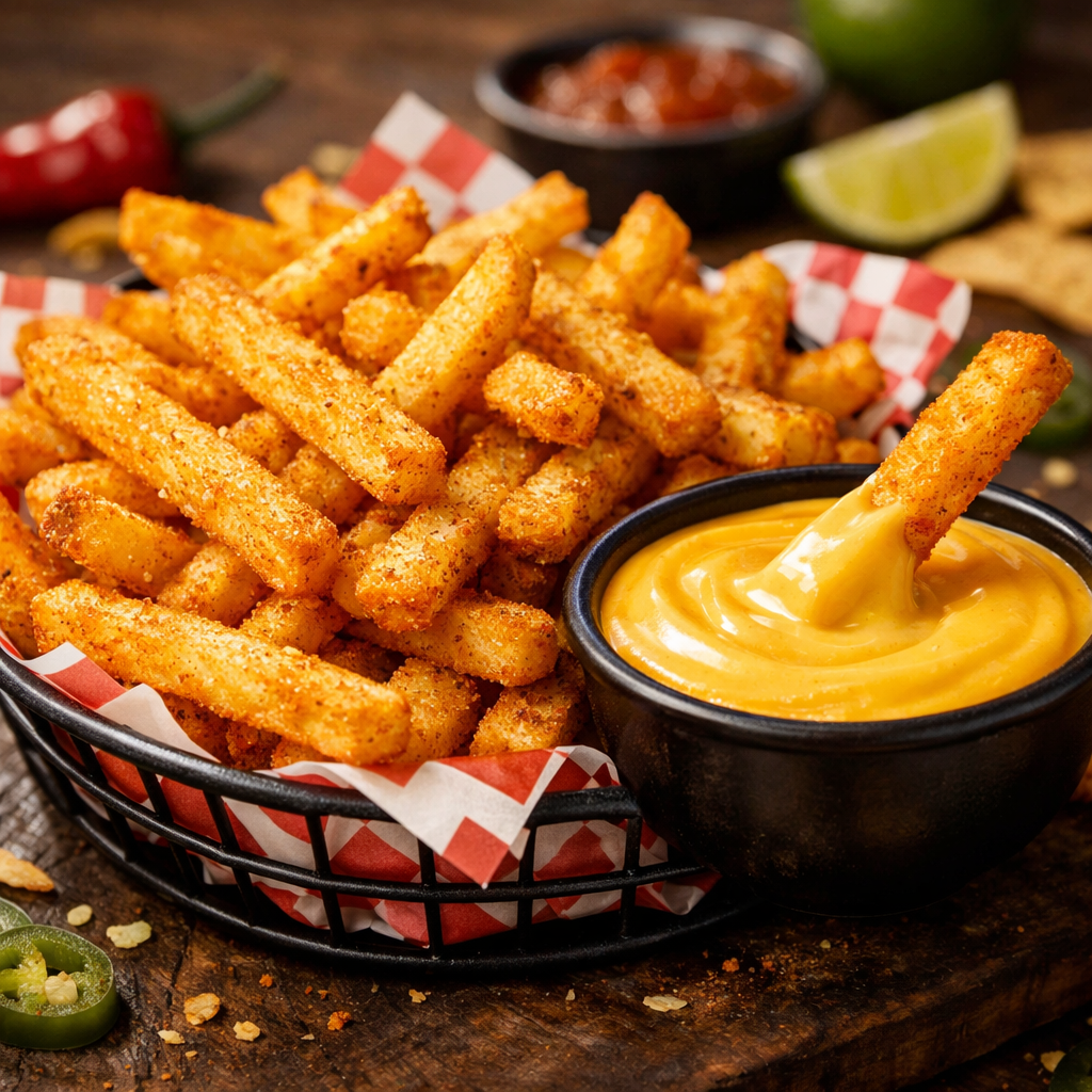 Crispy nacho fries and sauce