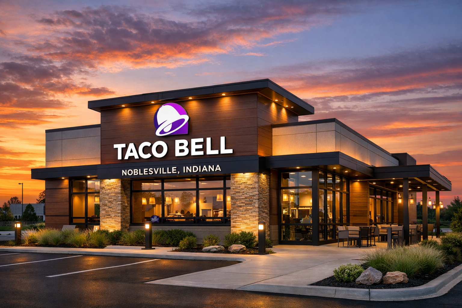 Dellac Inc restaurant exterior at sunset