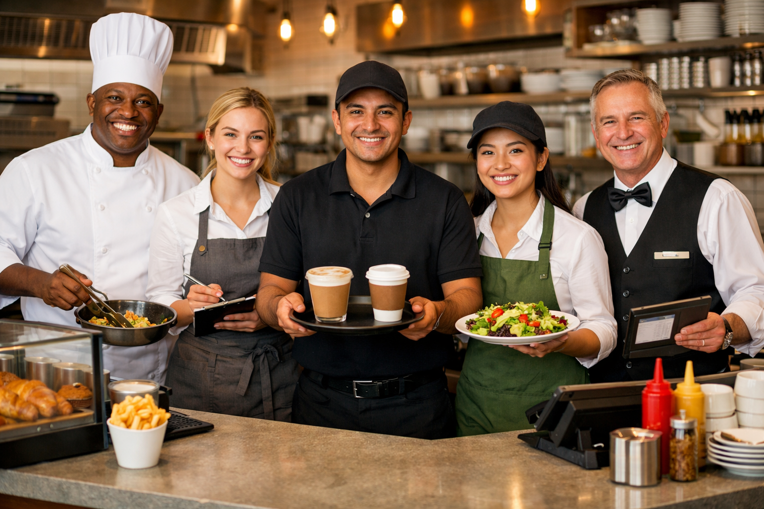 Restaurant team serving customers